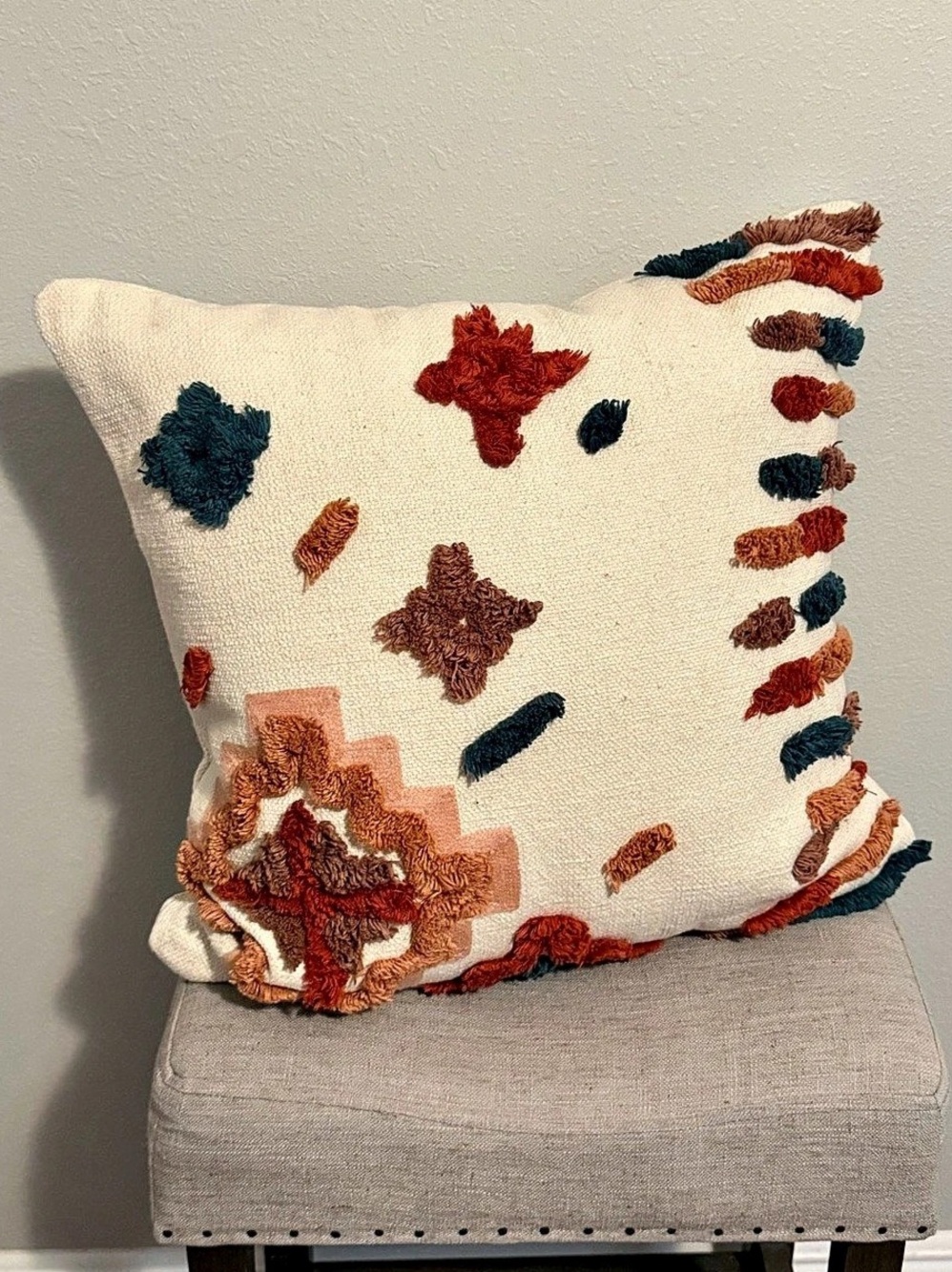 Noble Excellence Boho Tufted Abstract Accent Pillow in Cream & Brown